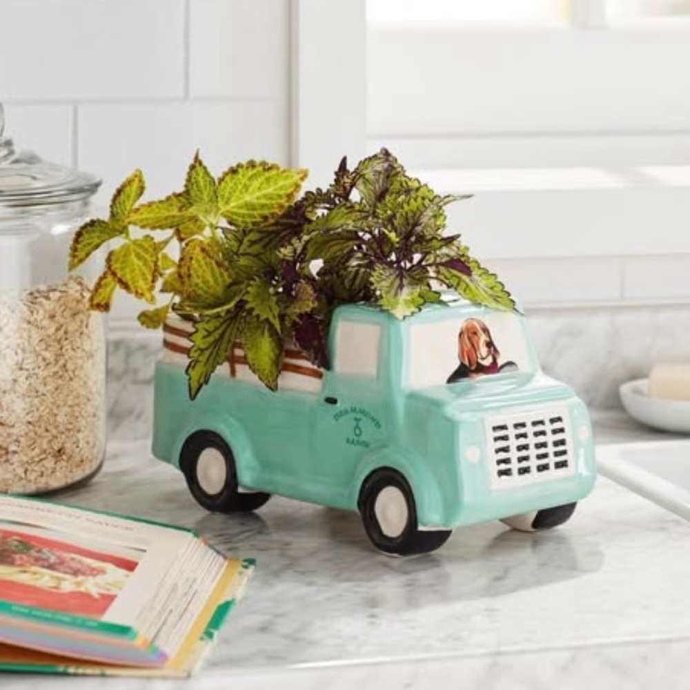 The Pioneer Woman Blue Stoneware truck Novelty Planter 6” Opening.